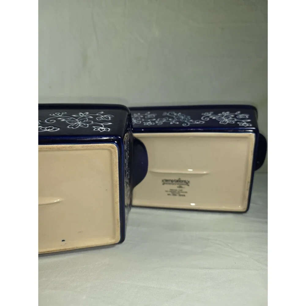 Temp-tations Floral Lace Cobalt Blue 1.5 QT Loaf Pan Set of 2 Retired Bakeware